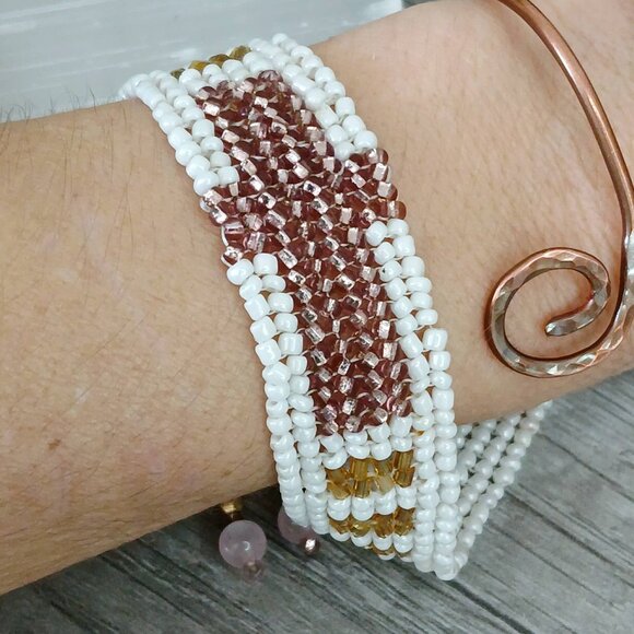Beaded Herringbone Cross Rose Quartz Gemstone Bracelet 8 - Picture 8 of 9